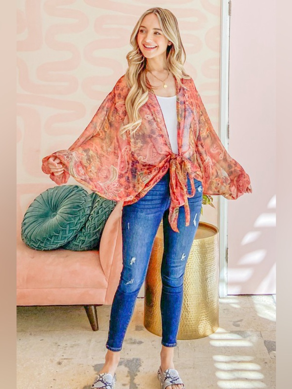 And The Why Front Tie Knot Oversized Print Top